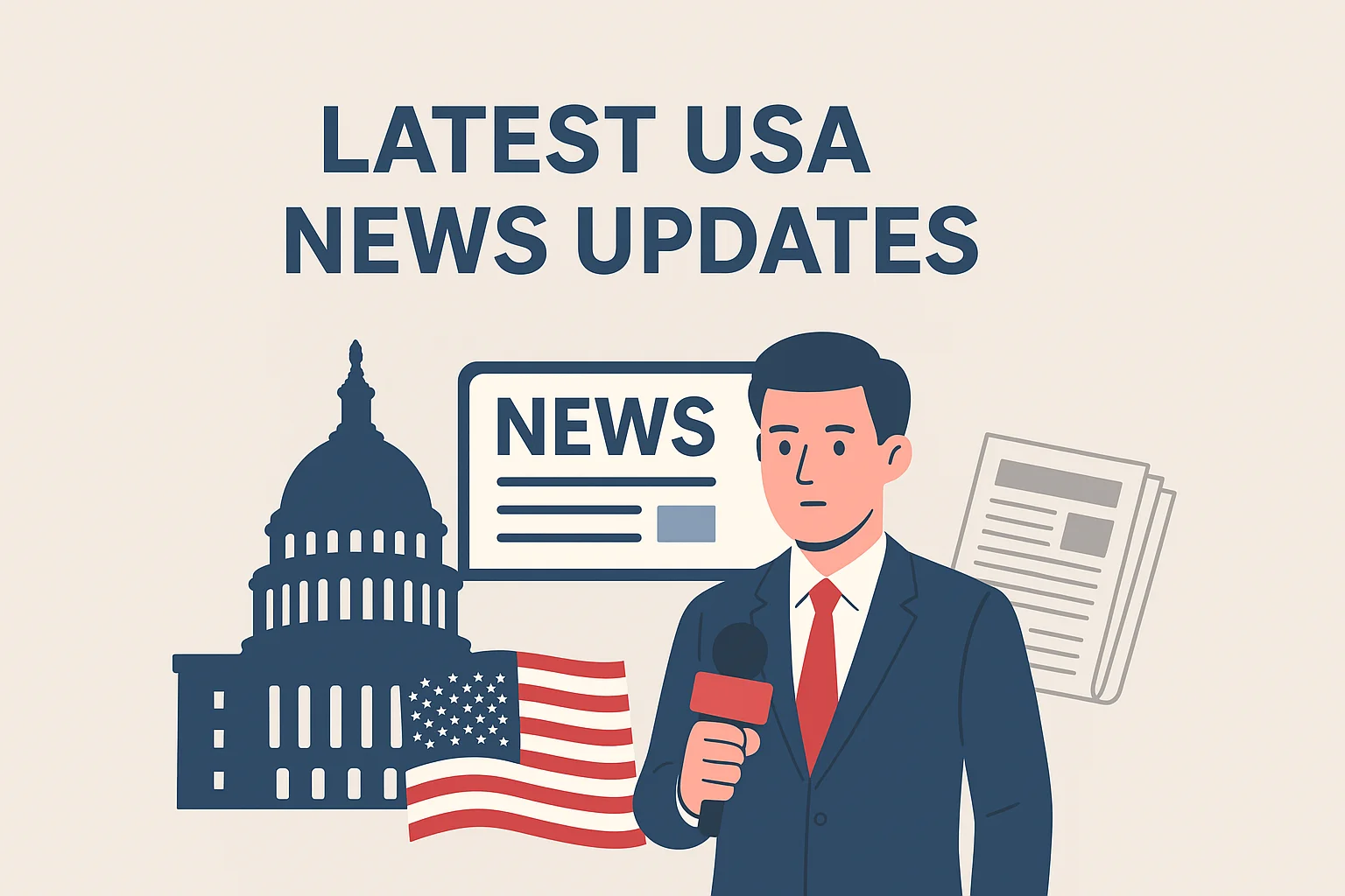 Illustration showing "Latest USA News Updates" with an American flag, Capitol building, a news reporter, and newspaper icons.
