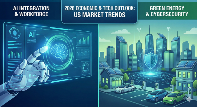 2026 economic trends showing AI technology integrating with the human workforce in an office setting
