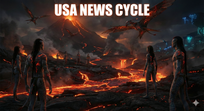 Avatar Fire and Ash concept art showing the Ash People village with volcanic magma streams and grey-skinned Na'vi characters.