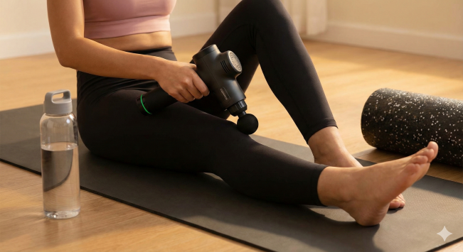 A person using modern recovery technology like massage guns representing the wellness aspect of 2026 fitness trends.