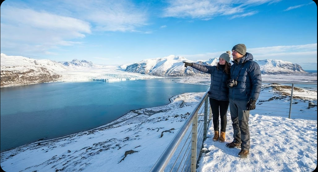 A couple in winter gear enjoys a 'cool-cation' view from a snowy observation deck, overlooking a vast glacier and fjord. This illustrates the 2026 travel trend of choosing colder climates over hot destinations.