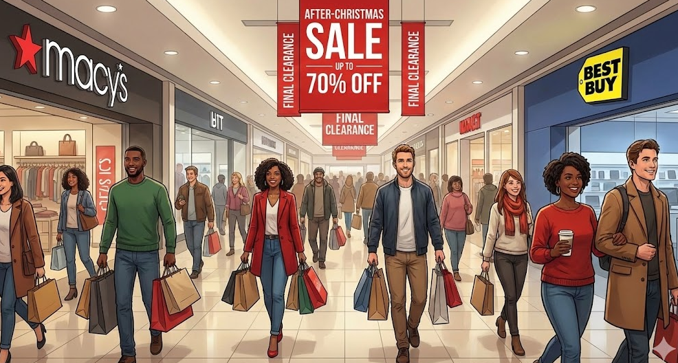 A busy mall interior with banners advertising deals during the After-Christmas sales 2025, showing shoppers with bags walking outside Macy's and Best Buy.