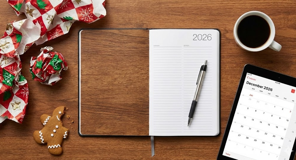 A messy desk showing holiday leftovers on one side and a clean 2026 planner on the other, symbolizing the transition and the need to reset for 2026