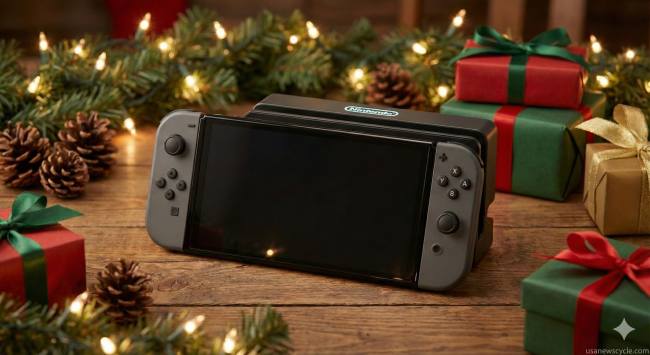 Nintendo Switch 2 concept console sitting on a wooden table with Christmas lights and holiday gifts, illustrating 2025 holiday gift trends.
