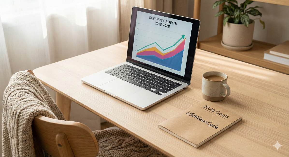 A modern home office with a laptop showing revenue growth, representing the best side hustles 2026)